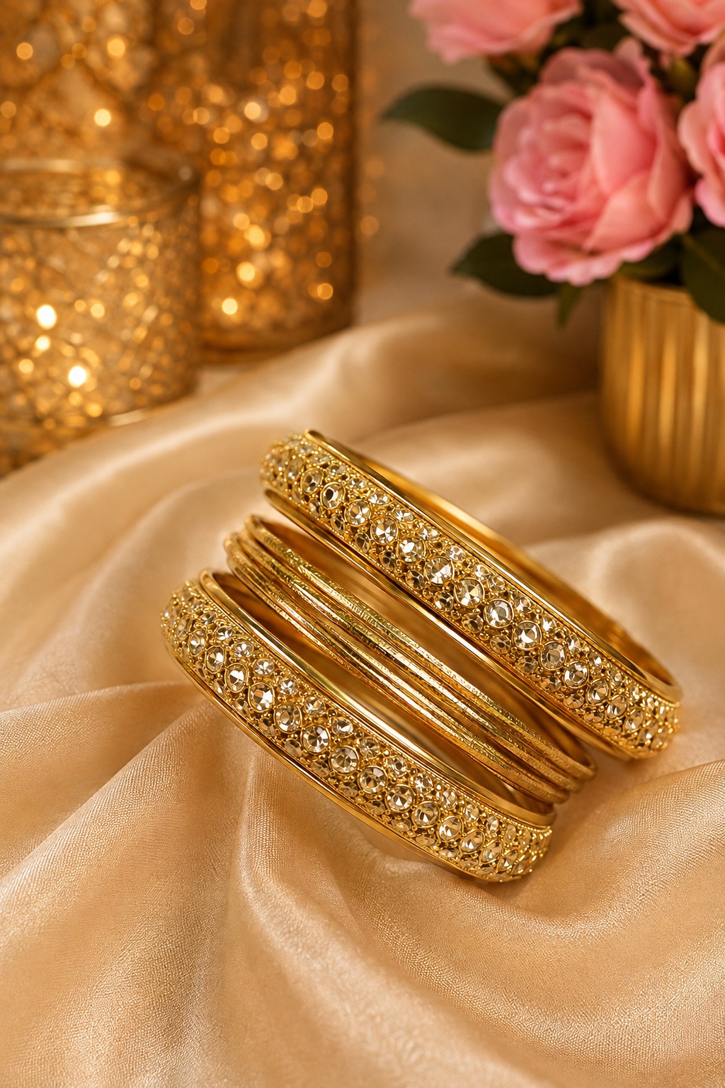 Crystal Studded Gold Bangle Set